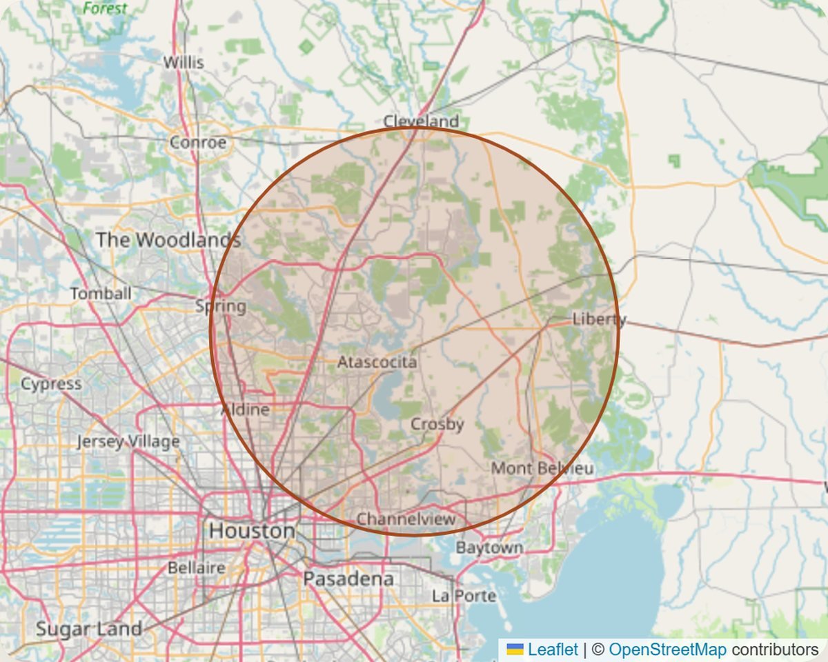 Map of Level Headed Construction's general service area: a 20-mile radius around Huffman, Texas, covering much of the greater Houston metro.